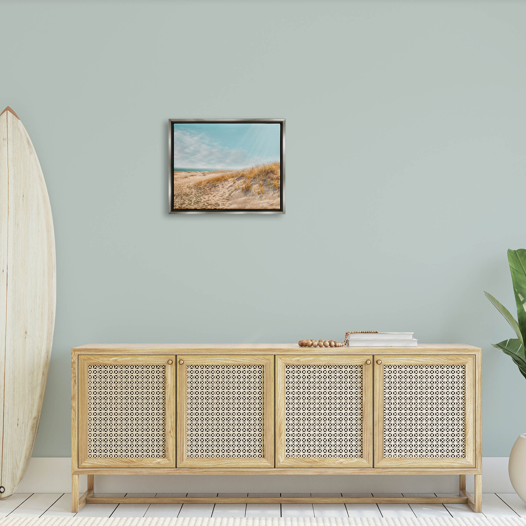 Sandy Ocean Beach Sun Rays Coastal Photograph Luster Gray Framed Art Print Wall Art