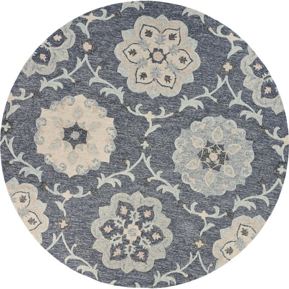Laddha Home Designs 4.75' Gray and Blue Floral Hand Tufted Round Wool Area Throw Rug
