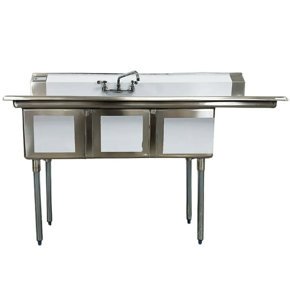 Elite Kitchen 63 in. 3 Compartment Sink with Faucet, NSF Commercial Sink with Right Drainboard in Stainless Steel