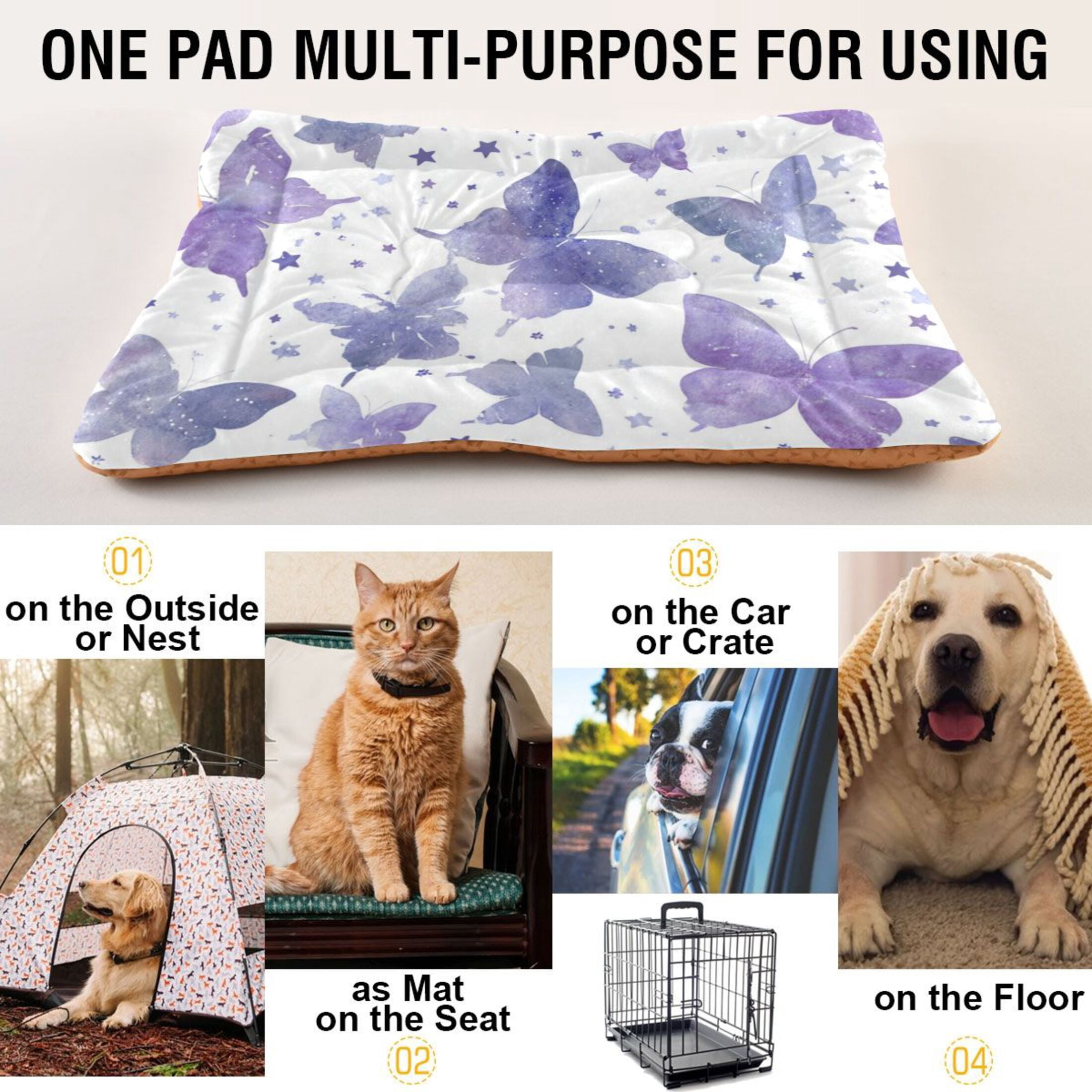 Cozy Mat Pet Bed Indoor Outdoor Warm Soft For Cat Dog Puppy(S/M) Lavender Butterflies