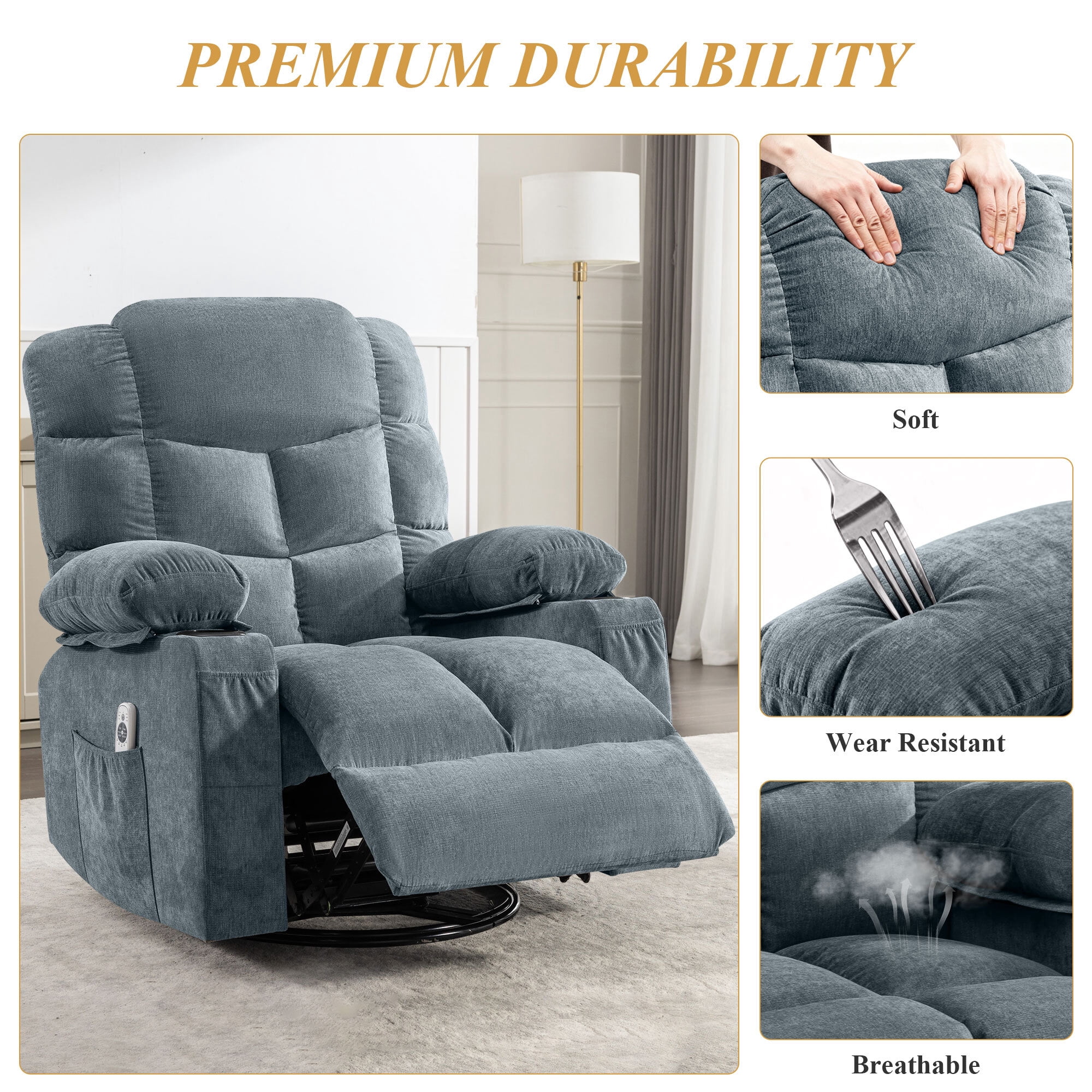 Alvantor Oversized Swivel Recliner Chair with Massage & Heat Function for Adults, Single Rocker Sofa with Cup Holders for Bedroom Home Theater Blue