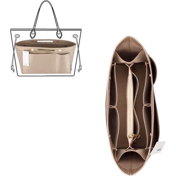 Purse Organizer Insert For Handbags, Silky Bag Organizer With 2 Zippers For Speedy Neverful Tote and  (Beige, Small)