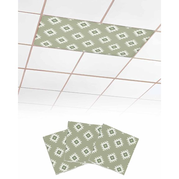 Fluorescent Light Covers for Ceiling Lights 3 Pack, Sage Green Boho Magnetic Ceiling Light Covers 2x4ft for Classroom Office School, Southwestern Geometric Abstract Art Drop Ceiling Light Shade