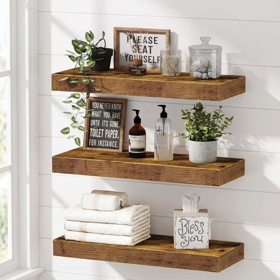 Floating Shelves for Wall Bathroom Shelf Bedroom Kitchen Living Room Hanging Book Shelves Small Farmhouse Decor 16 inch Set of 3, Rustic Brown