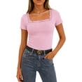 thumbnail image 2 of Ribbed Short Sleeve Tops for Women Square Neck Lace Trim Fitted Tight Shirts Casual Basic Tee Spring Clothes 2026 Trendy Pink M, 2 of 6