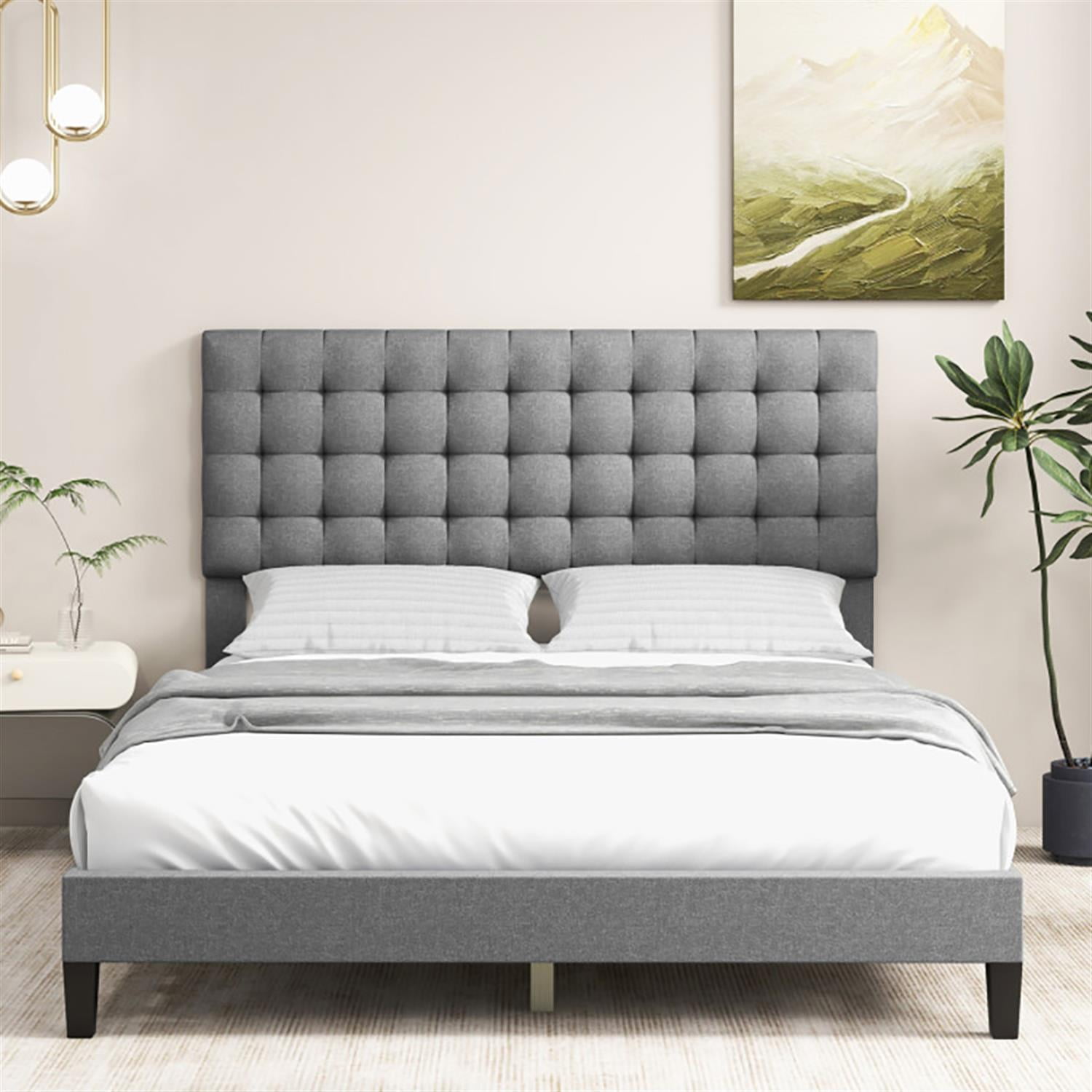 Demi Bonn Queen Size Upholstered Platform Bed Frame with Square Stitched Headboard and Wooden Slats Support, Fully Upholstered Mattress Foundation, Gray
