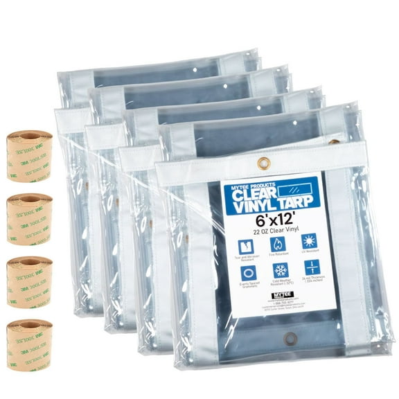 4 Pack 6' x 12' Clear Vinyl Tarp – 24 MIL Thick Heavy-Duty Waterproof Vinyl Tarpaulin with Grommets, UV & Fire Retardant – Cold Weather Resistant Cover for Outdoor