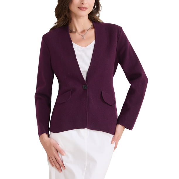 BLAZER DE MUJER SIN COLLAR INSPIRADOR DE LARGA MANGA CON UN BOTÓN PARA OFICINA NEGRO ROJO OSCURO