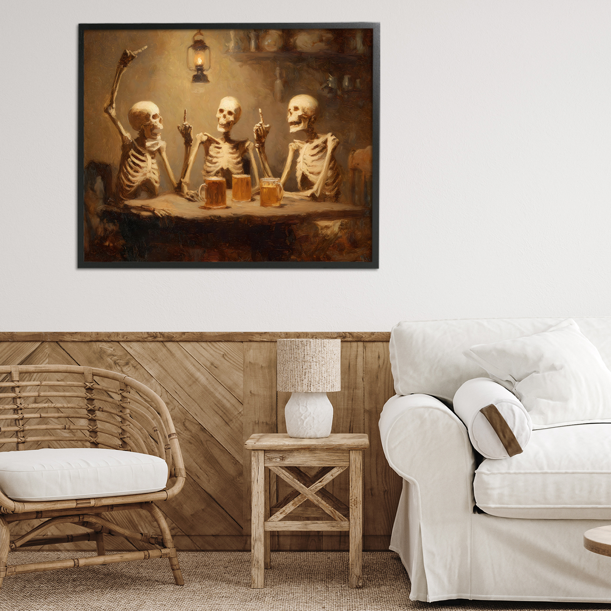 Skeletons Drinking at Tavern Black Framed Giclee Art, design by Arlington Prints