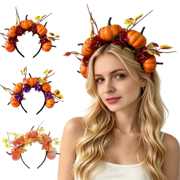 SmartBy Halloween Hair Hoop, Black Headband with 3D Pumpkin Autumn Leaves Red Flowers, Universal Halloween Thanksgiving Day Party Hair Accessory