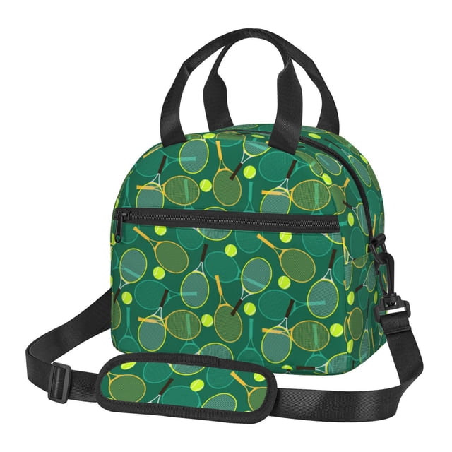 Xecao Tennis Rackets and Balls Pattern Thermal Tote Lunch Cooler Bag with Front Utility Pocket Lightweight Insulation Tech Gym Office Commute Ready
