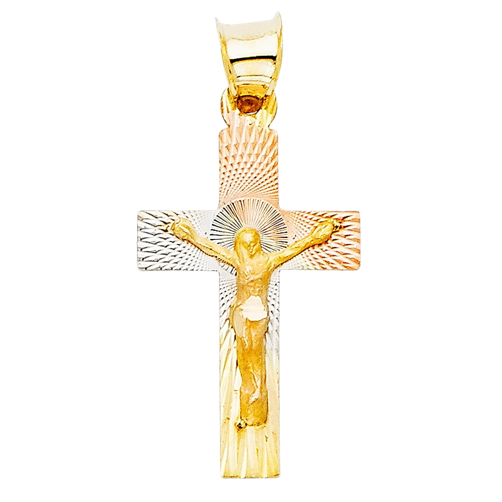 14K Tri Color Gold Diamond Cut Crucifix Jesus Cross Stamp Charm Pendant with 2.1mm Valentino Chain Necklace