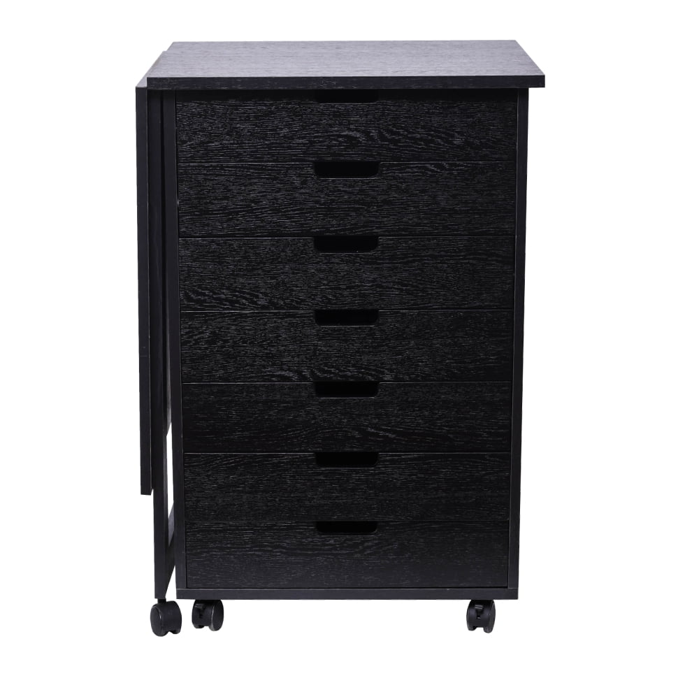 Lowestbest Wood Filing Cabinet with 7 Drawer Gate Leg, Mobile Pedestal Roll Cart with Desk, Cabinet Box/Box/File Full Width Pull, Black