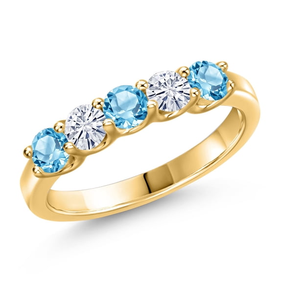 Gem Stone King 18K Yellow Gold Plated Silver Swiss Blue Topaz and White Moissanite Wedding-Bands Ring for Women | 0.92 Cttw | Round 3.5MM | Gemstone Birthstone | Size 5, 6, 7, 8, 9 | Size 5