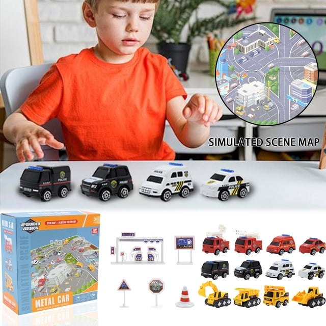 NAOJIE Kids Car Toy Set & Car Model(12pc) + City Map Carpet & Sim City Management,Cars For Toddlers 1-3,Car Track Rug,Car Rugs For Kids Toy Cars