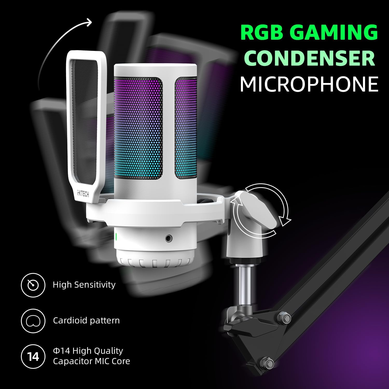 IXTECH Gaming Microphone for PC with Boom Arm, Podcast Condenser Mic with Pop Filter, Quick Mute Button, Gain Knob, Mic Arm and Computer Mic with Gain Control for Streaming Podcasting Recording