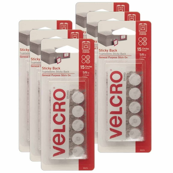 VELCRO Sticky Back Round Fasteners, 0.63", White, 15 Per Pack, 6 Packs