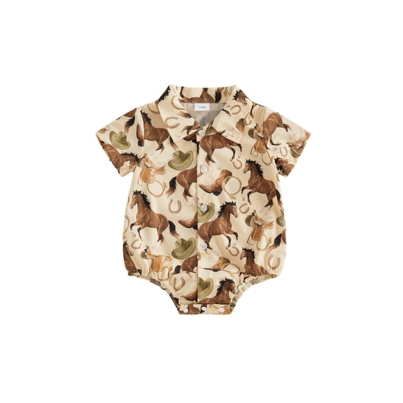 BemeyourBBs Newborn Baby Boys Cowboy Outfit Infant Summer Romper Shirt Clothes Cactus Horse Print Short Sleeve Lapel Button Down Bodysuit One Piece