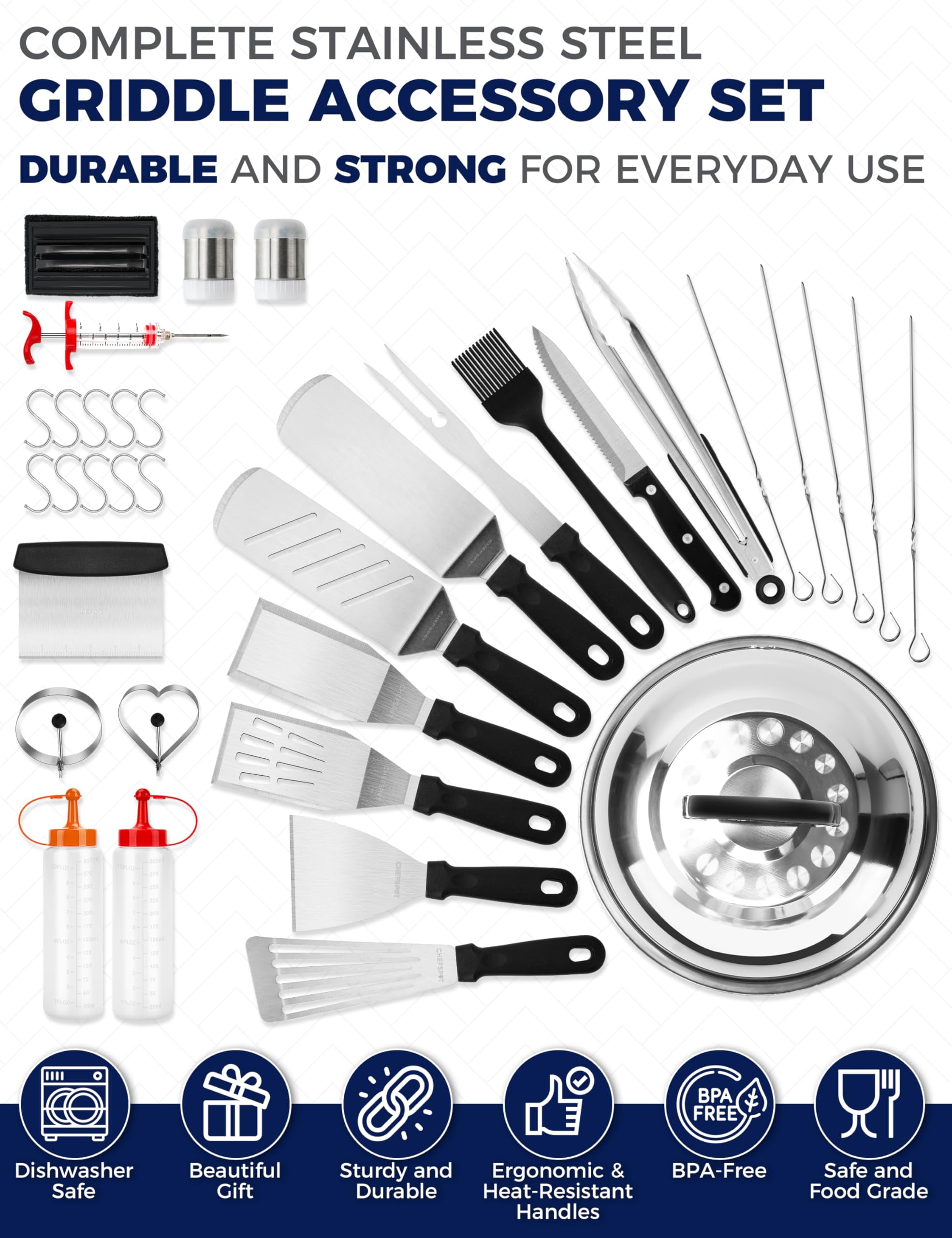 Chefspot 36pc Griddle Accessories Kit - Flat Top Grill Hibachi Spatula Set For Weber And Blackstone Griddles  Breakfast Tools Basting Cover Cleaning Brush Outdoor Bbq