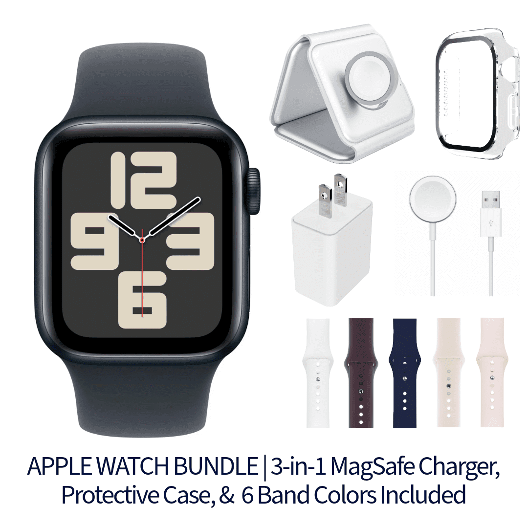 Restored Apple Watch SE 2nd Gen Bundle - 40mm GPS Midnight Aluminum (2022) - 3-in-1 MagSafe Charger, Protective Case & 6 Bands Included (Refurbished)