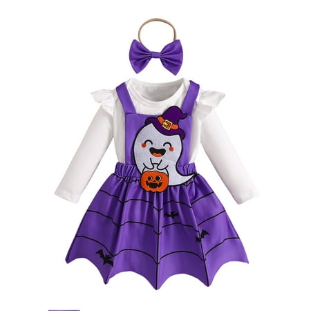 

Usaibhir Baby Toddler Girls 3Pcs Outfits Long Sleeve Romper and Suspender Ghost Print Skirt Clothes with Hairband Set 3-24M