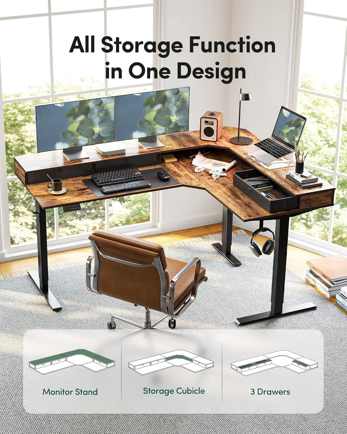 DESINO L Shaped Standing Desk, 63 inch Electric Height Adjustable Home Office Desk with Drawers, Large Ergonomic Computer Desk with Reversible Tabletop, 2 Memory Height Settings, Rustic Brown