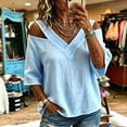 thumbnail image 2 of Edvintorg Women's Plus Size Tops Cold Shoulder 3/4 Sleeve V Neck Lightweight Loose Casual Pullover Shirt Fashion Clothing Light Blue M, 2 of 5