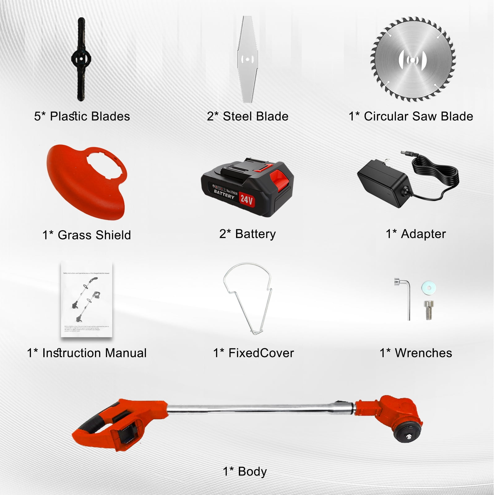 BAOKALER 24V Cordless Weed Trimmer, 650W Electric Weed Wacker, Battery Powered Weed Eater for Lawn Yard Garden, 2PC 2000mAh Batteries and Charger, 3 Types of Blades, Red