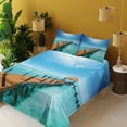 thumbnail image 3 of Ambesonne Tropical Fitted & Top Sheet Set with Shams, Exotic Hawaii Wooden Pier, Blue and Brown, 3 of 5