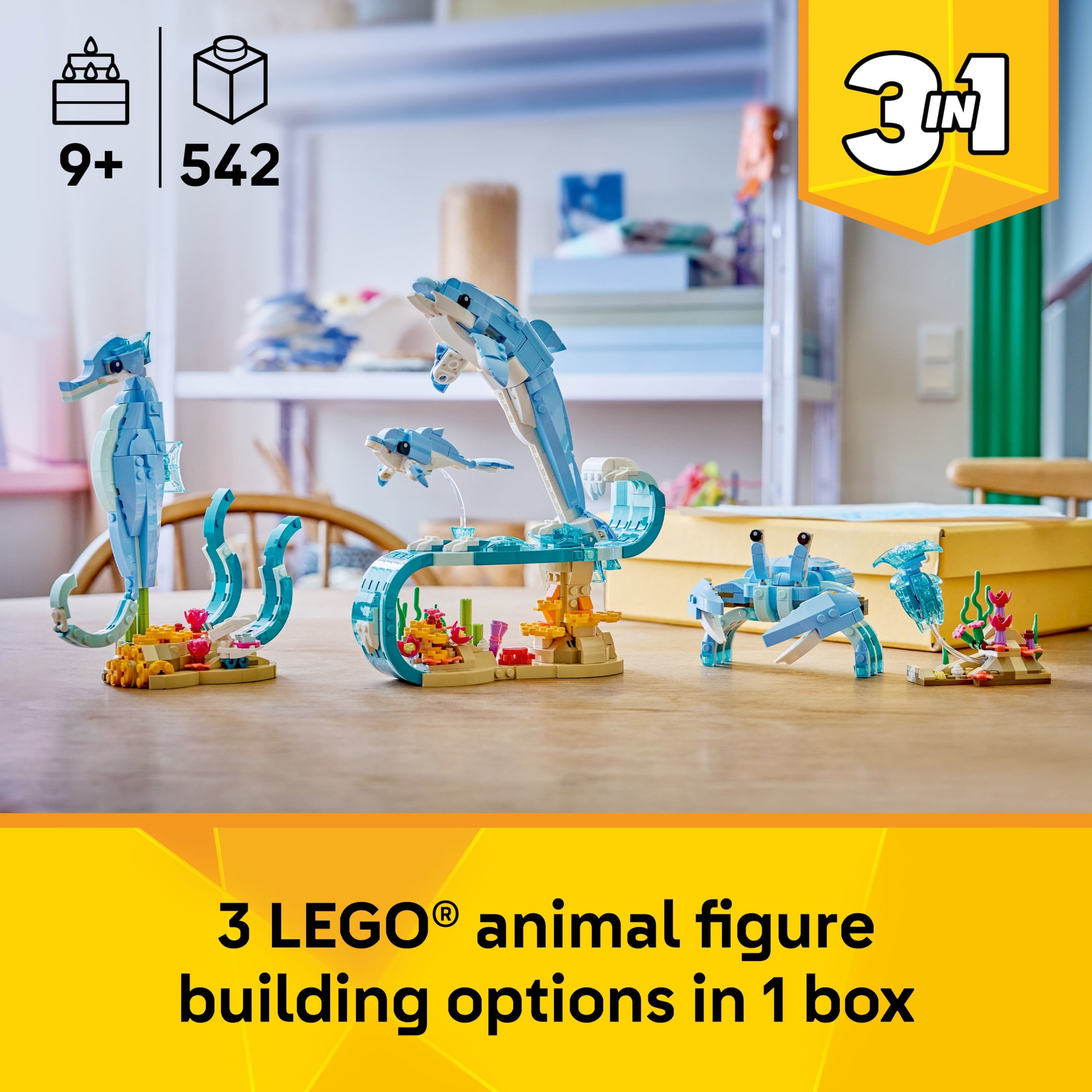 LEGO Creator 3 in 1 Sea Animals: Beautiful Dolphins Building Toy for Girls, Boys, Ages 8+ - Birthday Gift for Kids - Build a Dolphin, Seahorse, or Crab Animal Figure - 31385