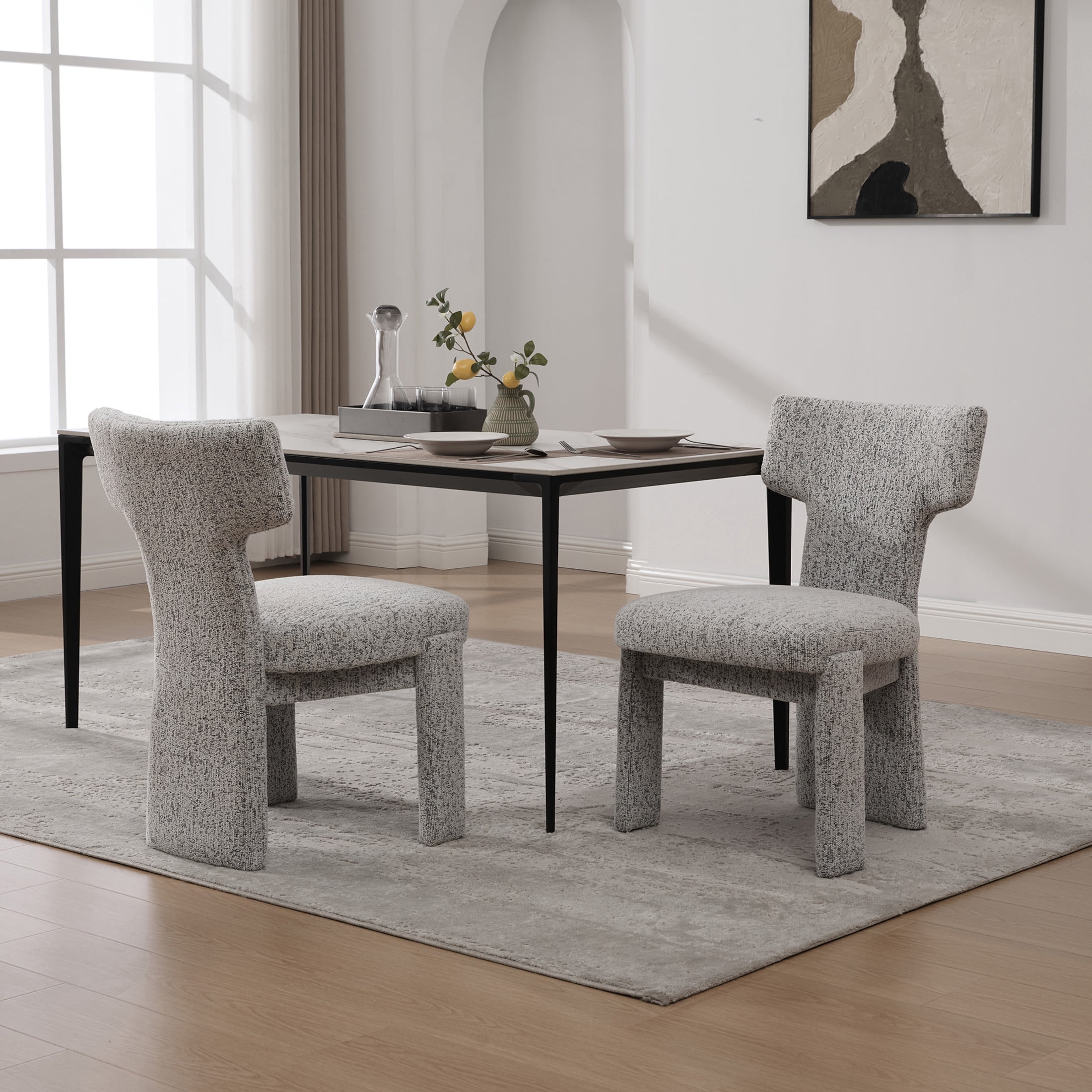 Noble House Morse 22" Chenille Dining Chair Set of 2, Armless Curved Back Accent Chairs with Rubberwood Legs, Black & White