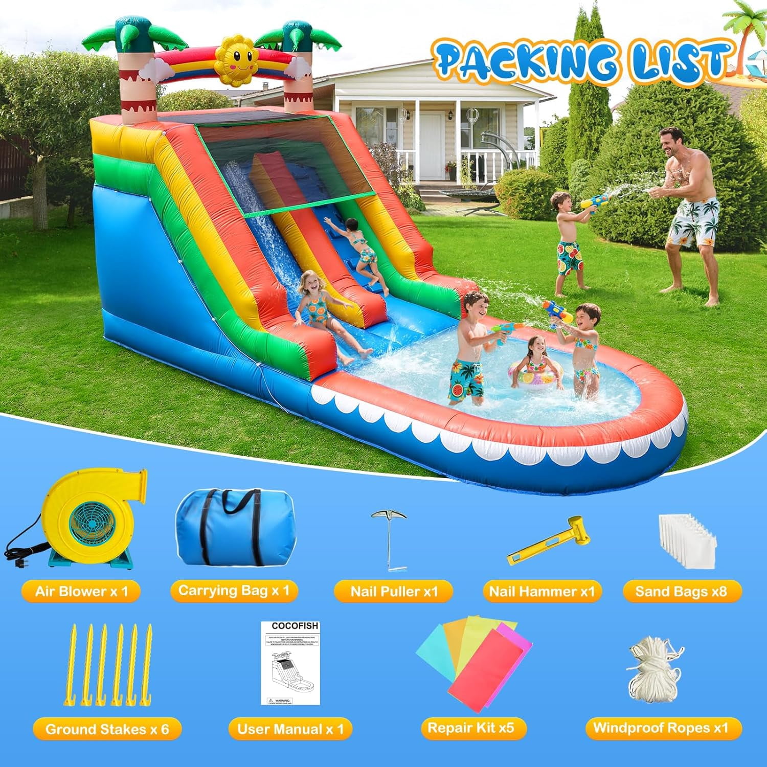 COCOFISH Outdoor Water Park: 21FT Tropical Inflatable Slide with Palm Tree Theme, Climbing Wall, Splash Pool & 950W Blower for Backyard Fun