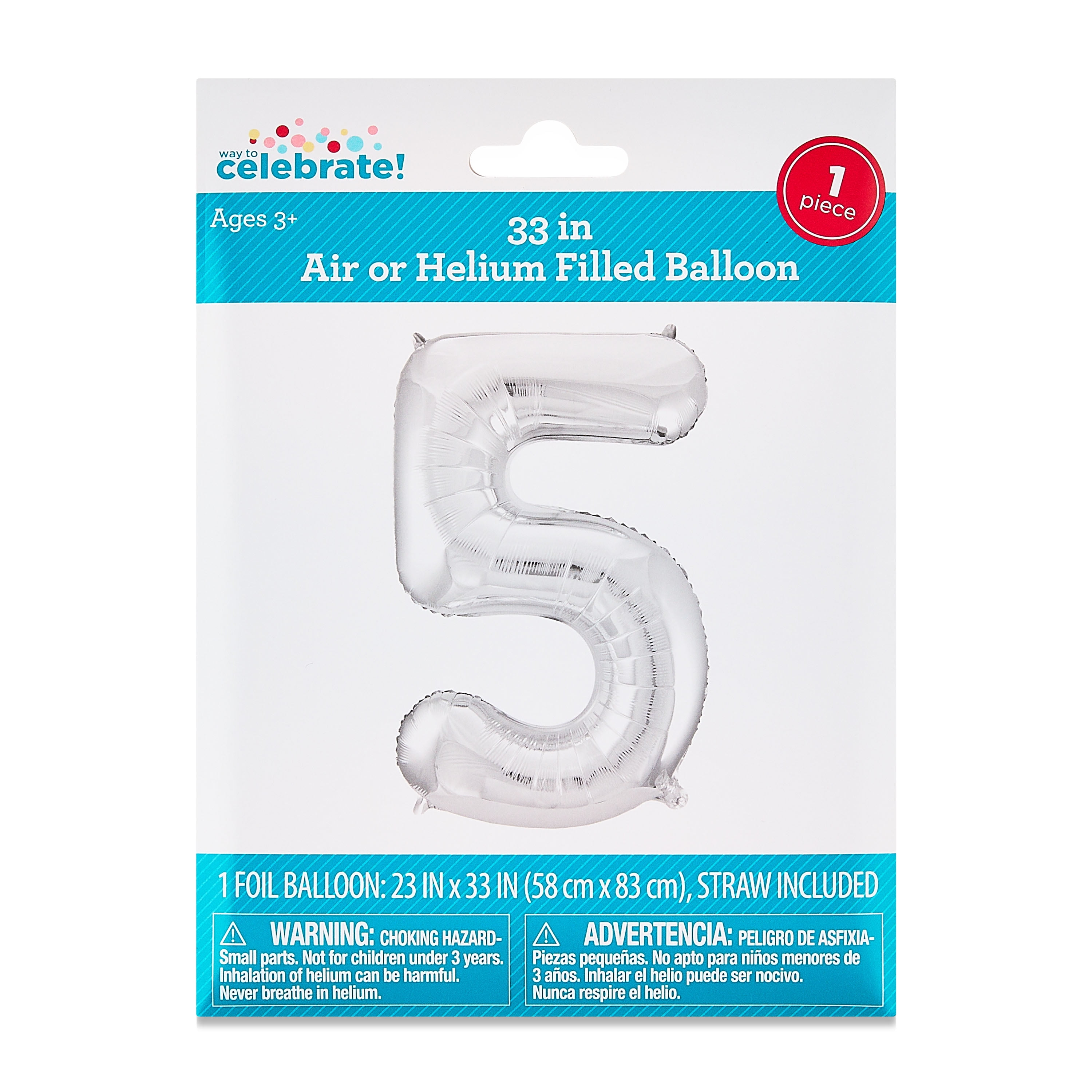 33" Silver Number 5 Foil Balloon, by Way To Celebrate