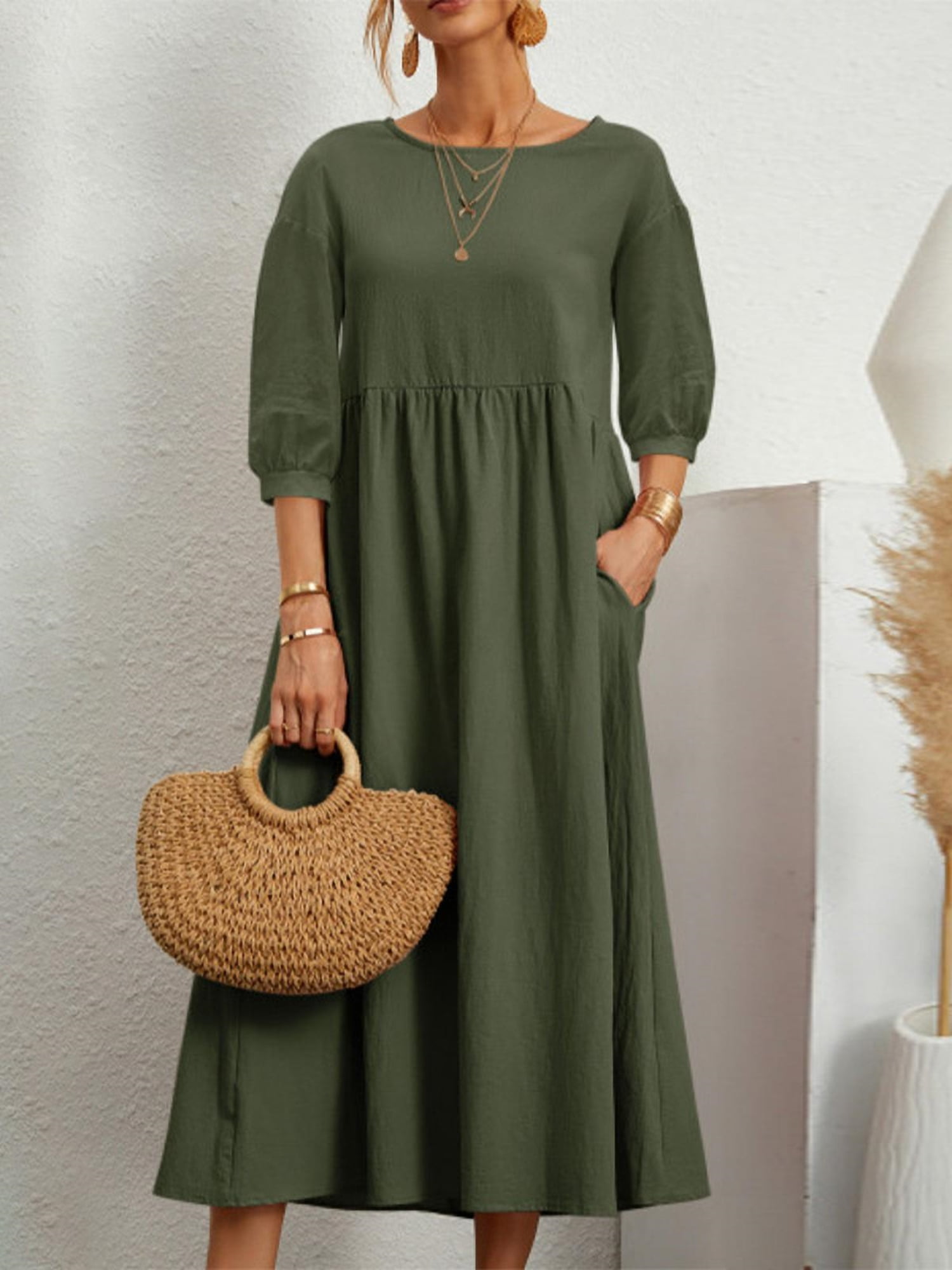 Bomotoo Ladies Long Dress Solid Color Maxi Dresses 3/4 Sleeve Summer