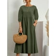 thumbnail image 1 of Bellella Femmes Été Plage Robe Soleil Couleur Unie Robe Maxi Manches 3/4 Longue Robe Décontractée Cou Vacances Vert M, 1 of 2