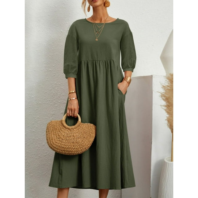 Bellella Femmes Été Plage Robe Soleil Couleur Unie Robe Maxi Manches 3/4 Longue Robe Décontractée Cou Vacances Vert M
