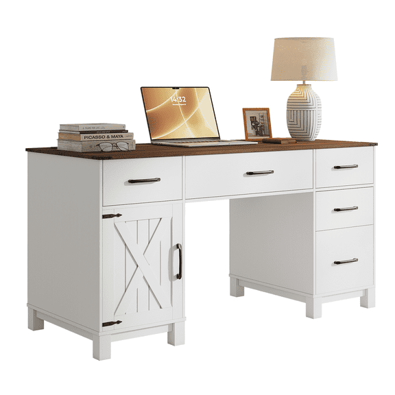 BUPPLEE 58" Executive Computer Desk with Storage Cabinet, Drawers & Built-in Power Outlets, Farmhouse Home Office Desk