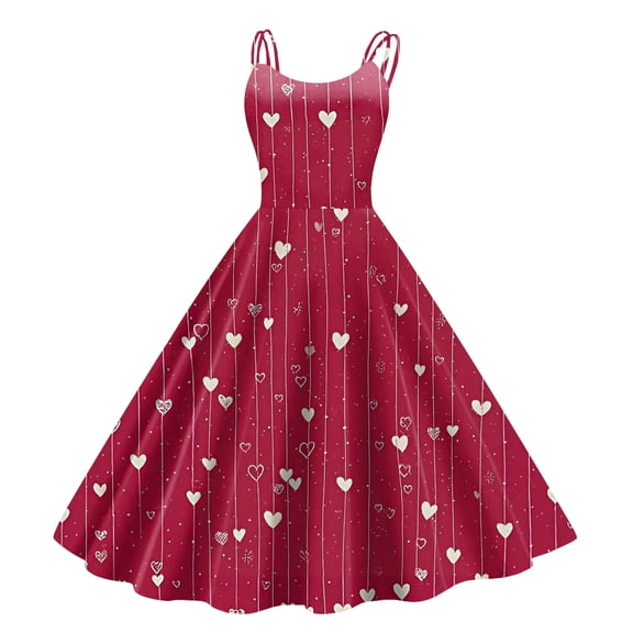 LWavelet 2026 Valentine's Satin Off-shoulder Dress, Women's Love Heart Rose Print Flowy A Line Trendy Sundresses Wine L