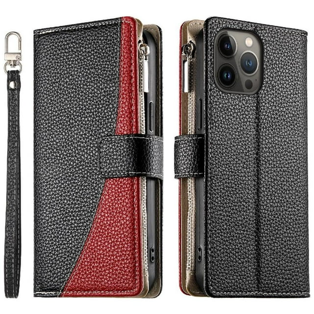 Funda cartera GANGXUN para iPhone 13 Pro Max , cuero PU con tarjetero, cremallera, correa de mano, soporte y protección 661°