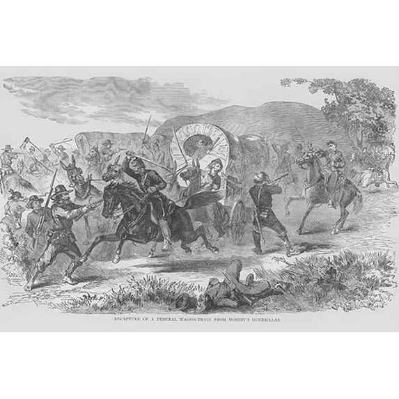 Mosby's Guerrilla raids Federal Wagon Train-Fine Art Canvas Print (20" x 30")