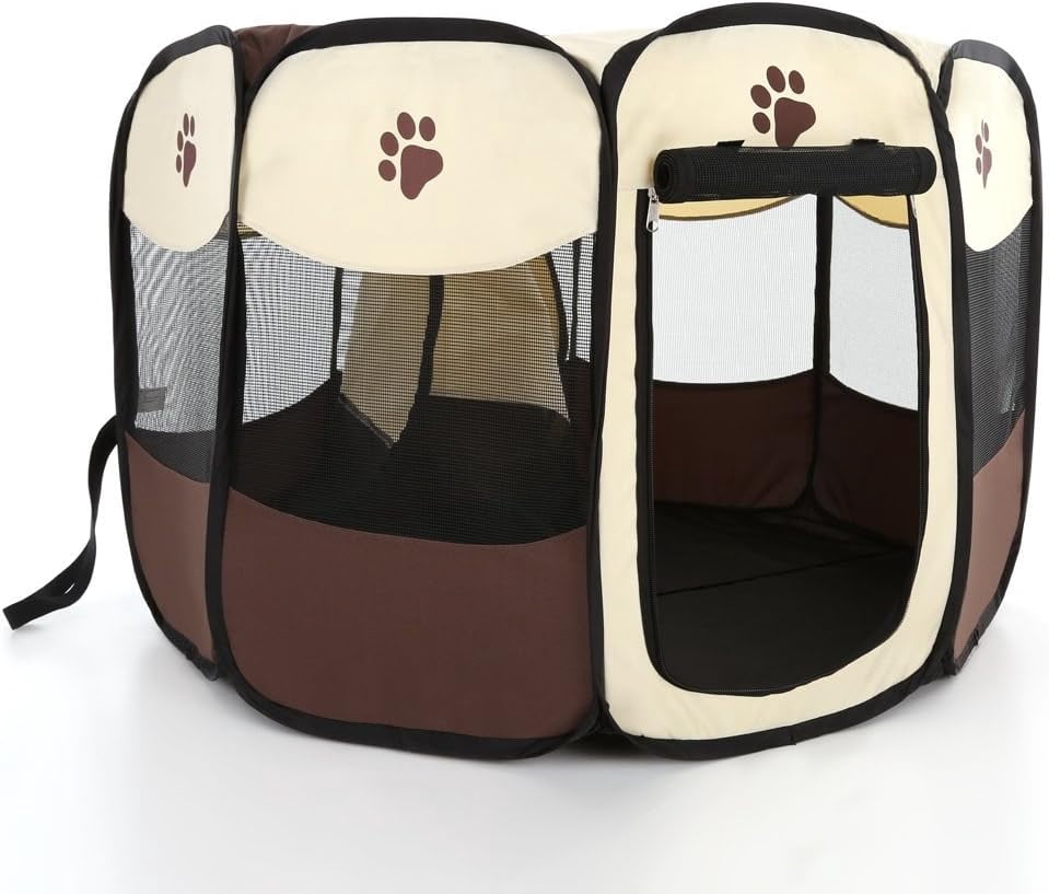 Pethouzz Pet Dog Foldable Portable Octagonal Fences Puppy Playpen House Tent Bed with a Carrying Case (Large, Brown) Brown Large