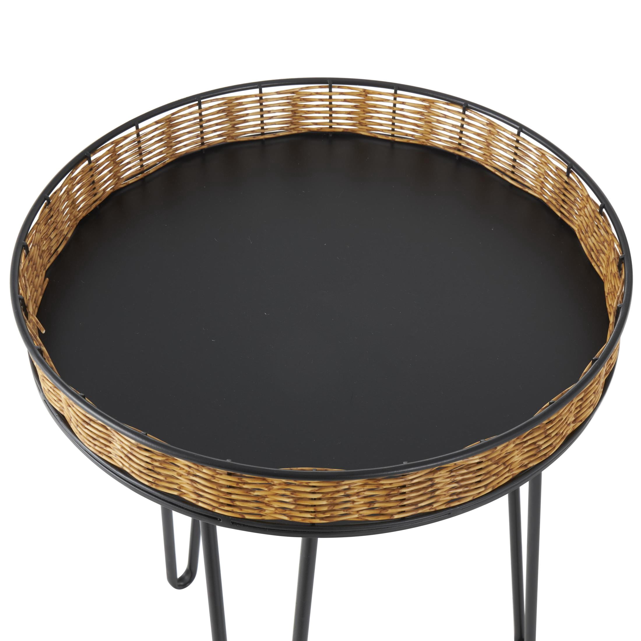 DecMode 18" x 24" Black Metal Handmade Accent Table with Rattan Edges Tabletops, 3-Pieces