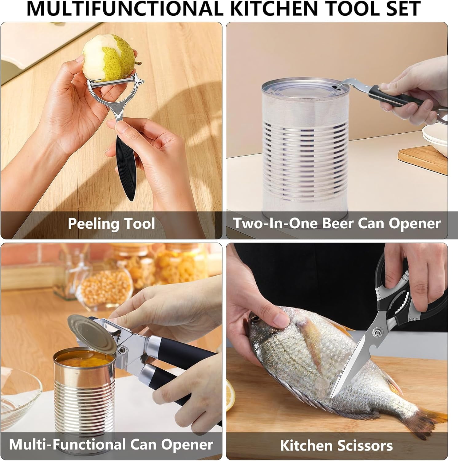 Magicorange 5PCS Stainless Steel Can Opener Set with 1 Bottle Opener 2 Vegetable Peeler 1 Heavy Duty Kitchen Scissors