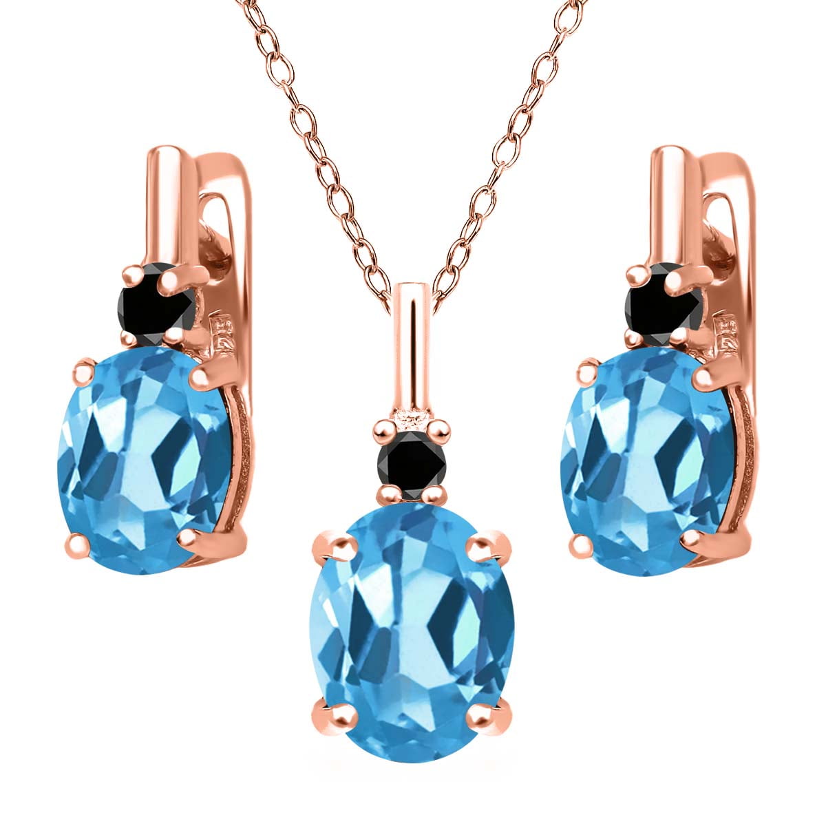 6.67 Ct Swiss Blue Topaz Black Diamond 18K Rose Gold Plated Silver Pendant Earrings Set by