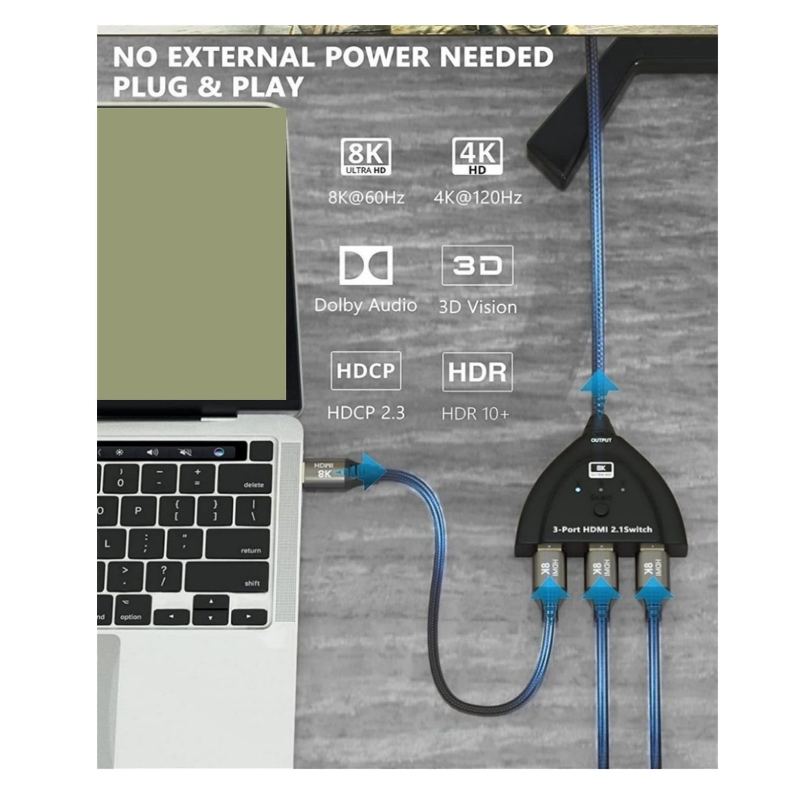 8K 60Hz 3 Port Compatible Switch 4K 3D VIdeo Switcher KVM Splitter 3 Input 1 Output Port Hub