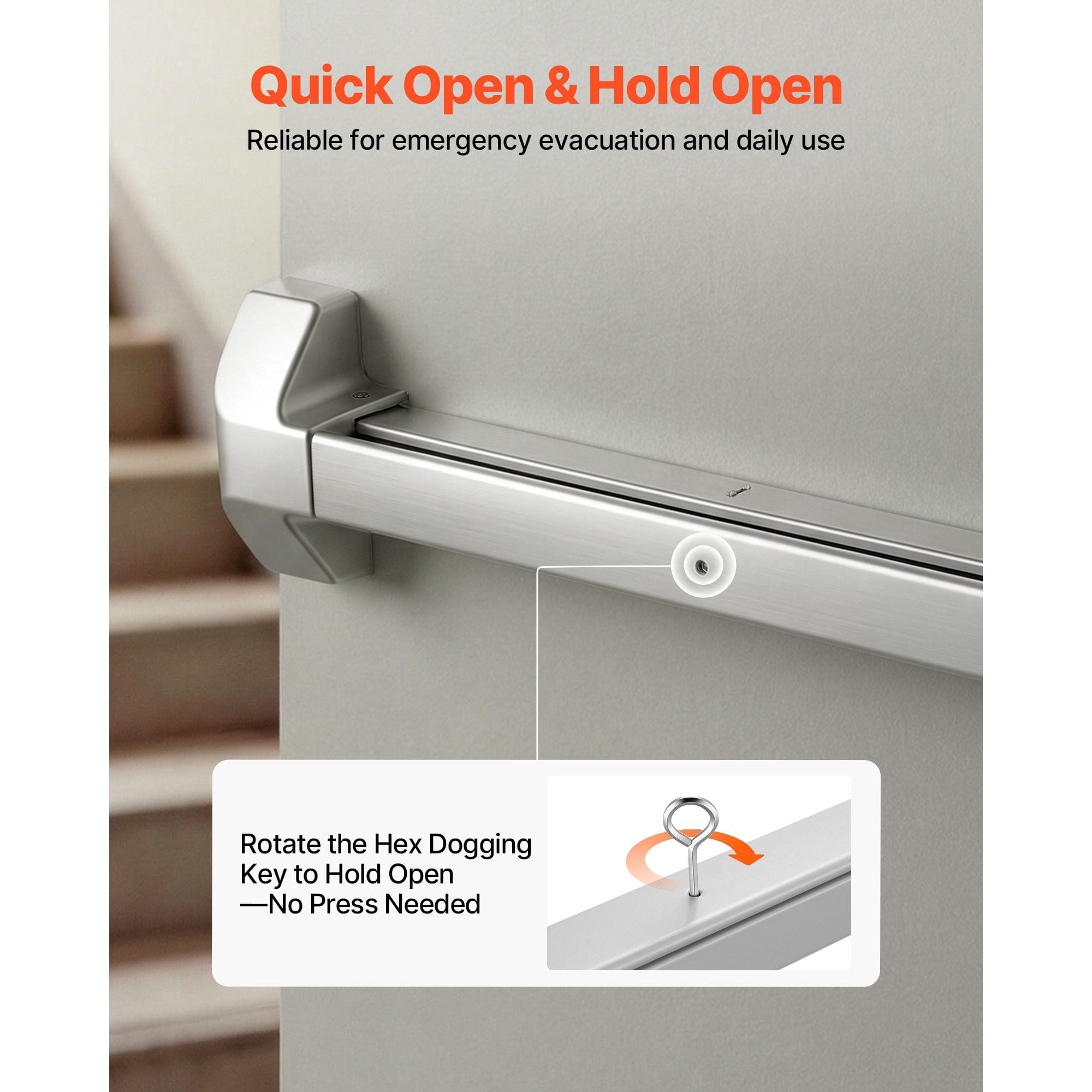Push Bar Panic Exit Device with 304 Stainless Steel Dual Locking Bolts, for Emergency Exit Wood Metal Doors