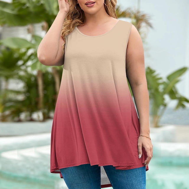 QUINDOS Womens Tops Ribbed Watermelon Red Summer Oversized Short Sleeved T-shirt Loose Tank Tops Womens Tank Tops