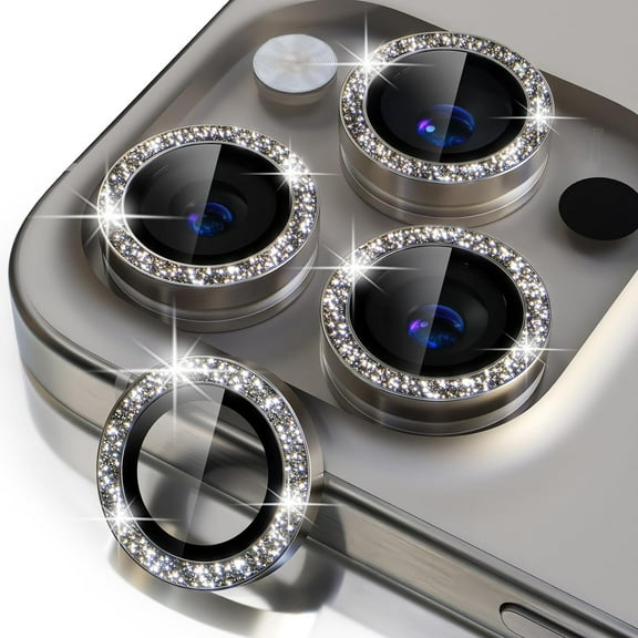 Compatible for iPhone 15 Pro/iPhone 15 Pro Max Camera Lens Protector Bling, 9H Tempered Glass Camera Cover Screen Protector Metal Individual Ring Protector, Natural Titanium Glitter