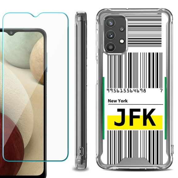 Shockproof Bumper Phone Case for Samsung Galaxy A32 5G, with Tempered Glass Screen Protector, by OneToughShield ® - Airport Tag / New York