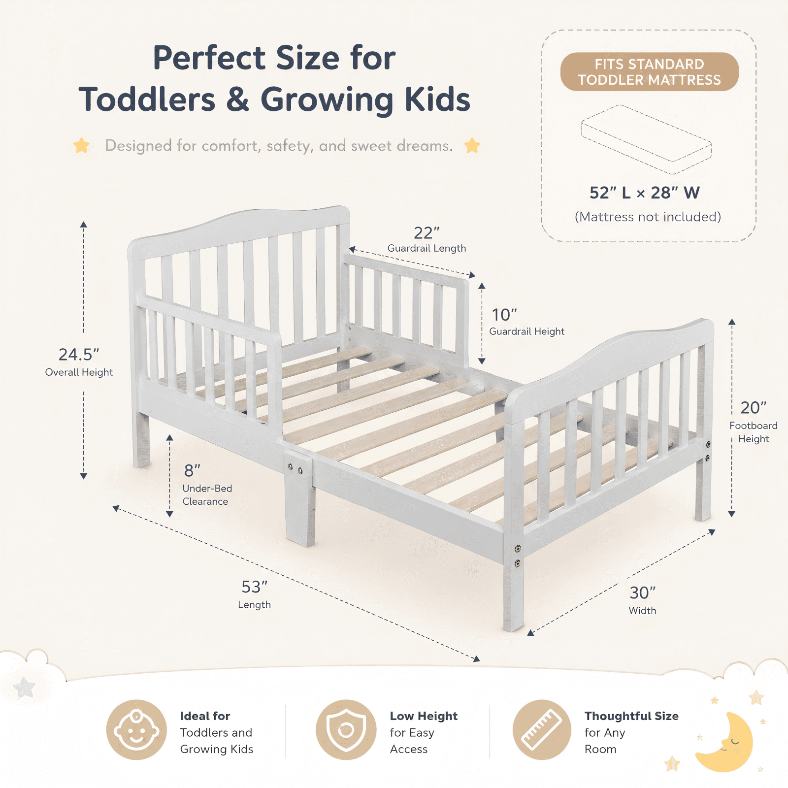 Zimtown Toddler Bed, Wood Kids Bedframe Children Classic Sleeping Bedroom Furniture w/Safety Rail Fence (White)